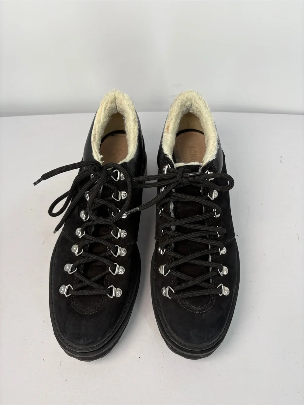 🪃 Schutz Black Suede Lace-Up Faux Shearling Lined Hikers Lucille